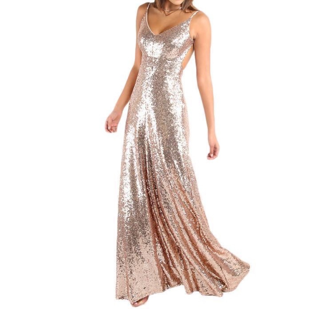 Lulu’s Rose Gold backless maxi dress